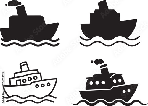 Four stylized ships sailing on waves silhouette