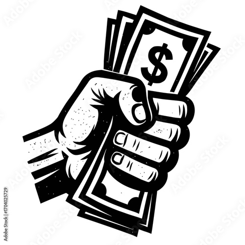 Monochrome vector illustration showcasing a powerful hand firmly grasping a stack of US dollar banknotes, vividly symbolizing financial success, wealth, payment, earnings, prosperity, and the essence