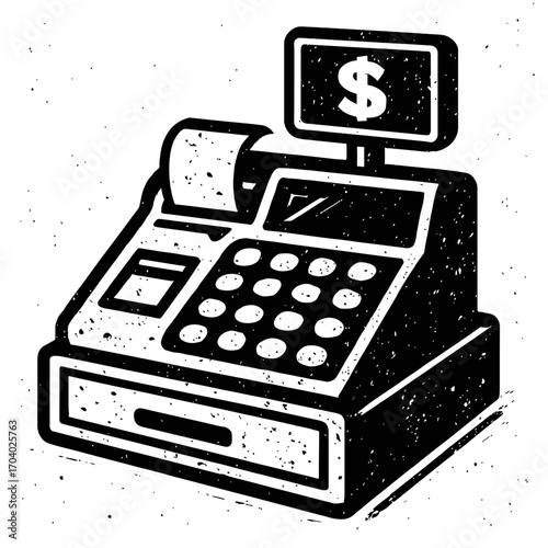 Vintage Cash Register Icon with Grunge Texture, Black & White Retro POS System Displaying Dollar Sign, Receipt Roll, & Keypad. Ideal for Retail, Commerce, Financial Transactions, Sales, Accounting, an