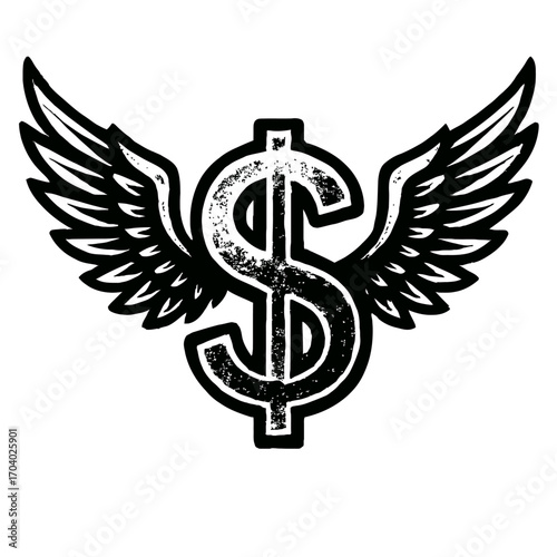 Dynamic black and white dollar sign with majestic wings, embodying financial freedom, rapid wealth accumulation, prosperous ventures, and quick monetary gains. A grunge-textured symbol of wealth, succ