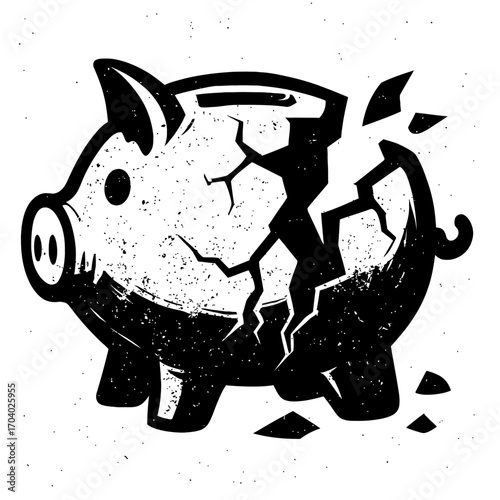 Broken piggy bank vector art, black and white distressed illustration, symbolizing financial crisis, debt, economic hardship, lost savings, and personal bankruptcy, a powerful image for economic downt