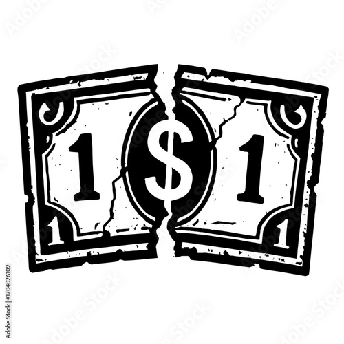 Distressed black and white illustration of a dollar bill ripped in half, symbolizing severe financial crisis, economic struggle, debt, and bankruptcy. Powerful visual metaphor for monetary loss, value