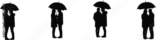 Silhouettes of couples standing closely under umbrellas in rain, romantic moments showing love, protection, intimacy, togetherness, shelter, and rainy weather concepts.