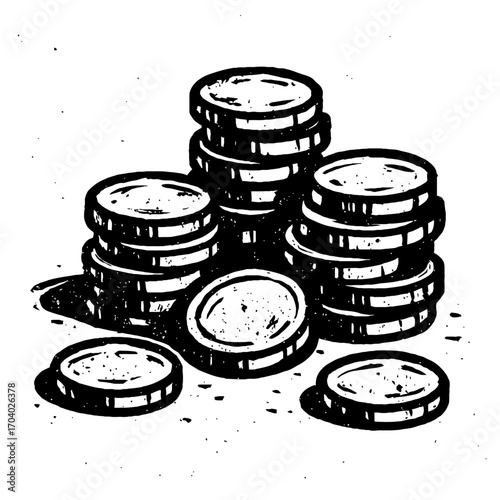 Black and white hand-drawn illustration of multiple stacks of coins and loose currency, symbolizing financial wealth, savings, investment, and economic prosperity. Great for business, finance, and wea