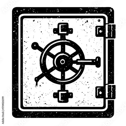 Black and white grunge illustration of vintage safe door, prominent combination lock, strong hinges. Iconic graphic symbolizes robust security, financial protection, asset safeguarding. Ideal for secu