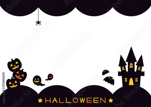 ハロウィンのフレームイラスト かわいいカボチャとコウモリとお化け屋敷