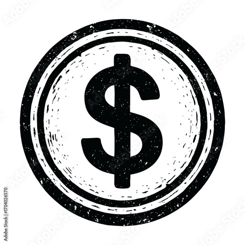 Distressed grunge dollar sign vector icon, black and white circular stamp for finance, economy, business, money, wealth, payment, investment, banking, market projects. A strong, versatile, aged aesthe