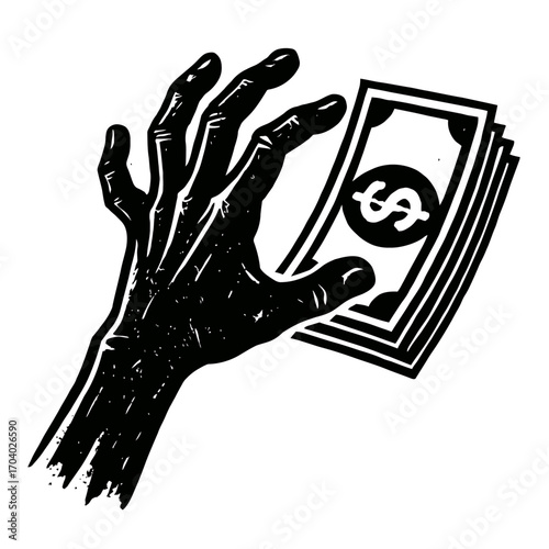 Stark woodcut: Gnarled hand reaching for dollar bills, symbolizing financial desire, urgent wealth acquisition, greed, economic struggle. Black and white graphic evokes themes of income, payment, pros