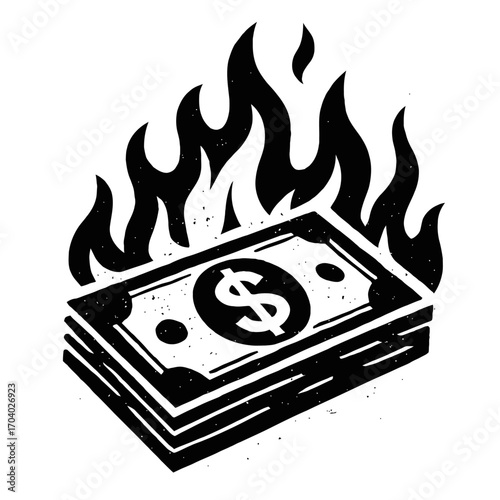 Black and white illustration of burning money, powerfully symbolizing financial crisis, inflation, debt, wealth destruction, and wasteful spending. A striking visual metaphor for economic downturn, hi