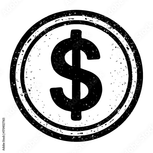 Distressed Grunge Dollar Sign Icon. Textured Black & White Circular Stamp Symbol for Finance, Money, Currency, Cost, Wealth. Ideal for Business, Economy, Payments, Banking, Investment Graphics. Vintag