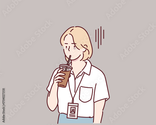 Tired Businesswoman Drinking Coffee at Office. Hand drawn style vector design illustrations.