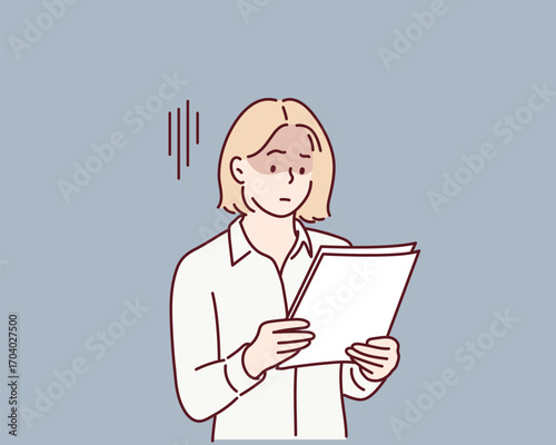Tired Businesswoman Reading Paper Documents at Office. Hand drawn style vector design illustrations.