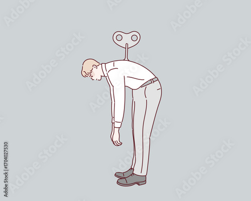 Burnout man. Windup puppet businessman exhausted from overwork. Recharge and low energy office worker concept. Hand drawn style vector design illustrations.