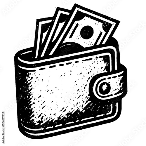 Black and white textured illustration of a wallet overflowing with money bills. Symbolizes finance, wealth, economy, and budgeting. Ideal for digital and print media, offering a vintage, hand-drawn, r