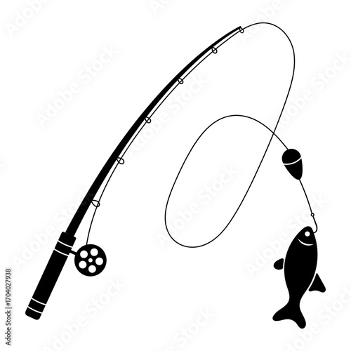 Fishing Rod with Reel, Line, Float and Fish. A detailed black and white vector illustration of a fishing rod with reel, fishing line, float and a fish caught on the hook.
