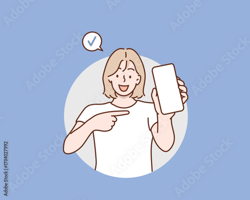 Young Woman Holding Smartphone with Check Mark, Mobile App Approval Concept, Hand drawn style vector design illustrations.