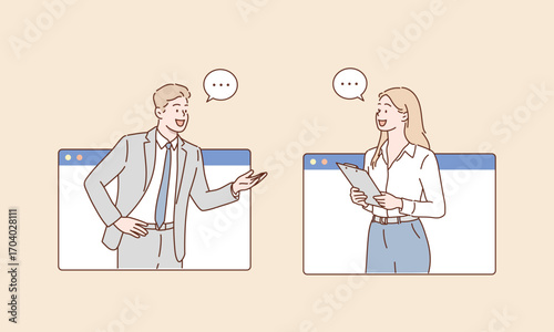 Business Man and Woman Communication in Website Interface, Hand Drawn Collaboration and Idea Sharing Illustration