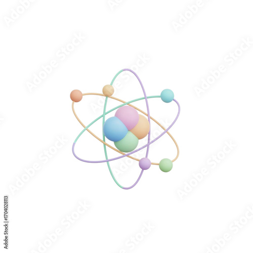 Colorful atom model with orbiting electrons isolated on transparent background