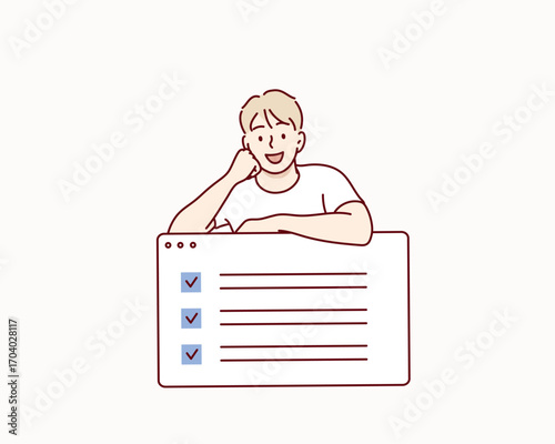 Young Man with Website Checklist Interface. Hand drawn style vector design illustrations.