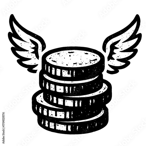 Symbolic Black and White Illustration of a Stack of Coins with Wings, Evoking the Concept of Money Flying Away, Financial Loss, Rapid Spending, Economic Instability, and Dwindling Resources. Ideal for
