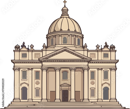 Classic Vector Illustration of St. Peter’s Basilica Front View with Dome and Columns on White Background