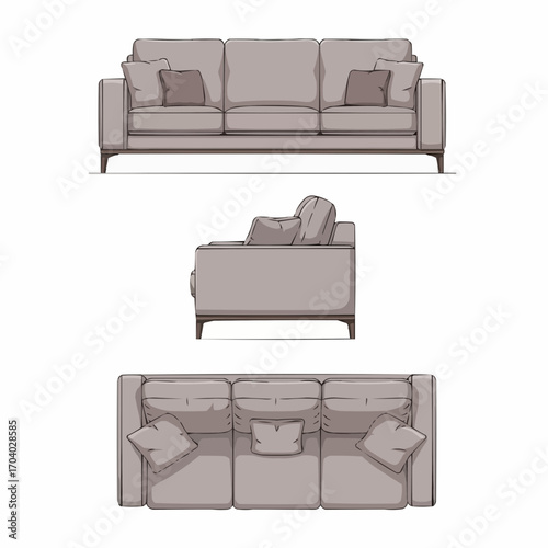 Sofa Illustration Set: Front, Side, and Top View, Modern Furniture Design