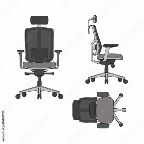 Ergonomic office chair in different views, mesh back and adjustable headrest