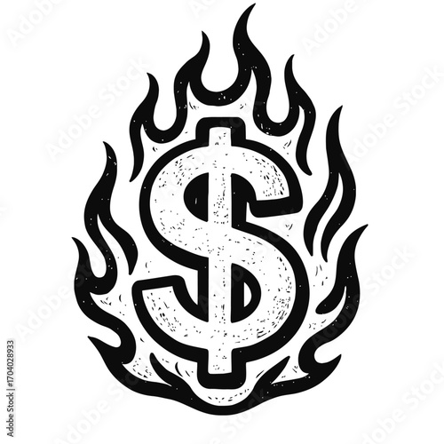 Gritty, distressed dollar symbol engulfed in chaotic, hand-drawn flames, representing money at risk, financial urgency, economic pressure, high cost of living, wealth destruction, and market volatilit