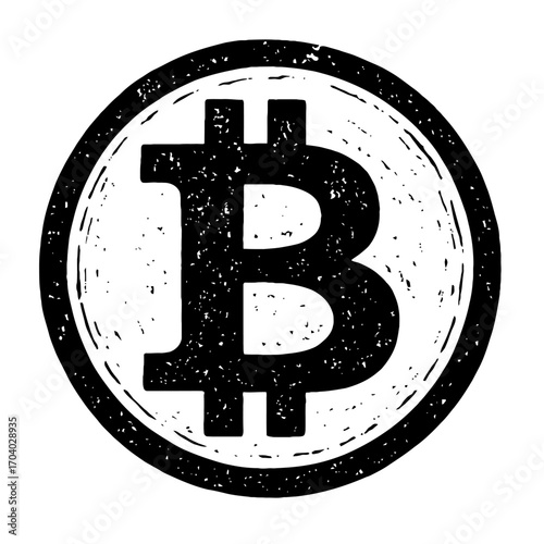 Grungy Bitcoin BTC Logo Icon: A distressed, monochrome representation of the premier digital cryptocurrency, symbolizing decentralized finance, blockchain innovation, modern wealth, and future investm