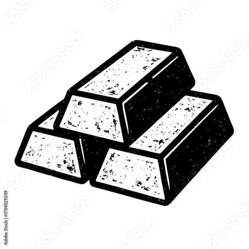 Black and white illustration of three stacked gold bars, with a grainy, distressed texture. It symbolizes wealth, finance, investment, economy, luxury, success, and valuable assets. For metal, resourc