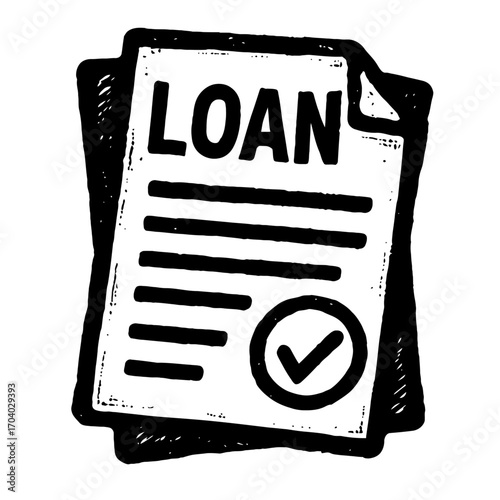 Hand-drawn sketch of a loan document with the word 'LOAN' and an approval checkmark. This icon symbolizes successful financial agreements, credit approval, debt management, mortgages, and business fun