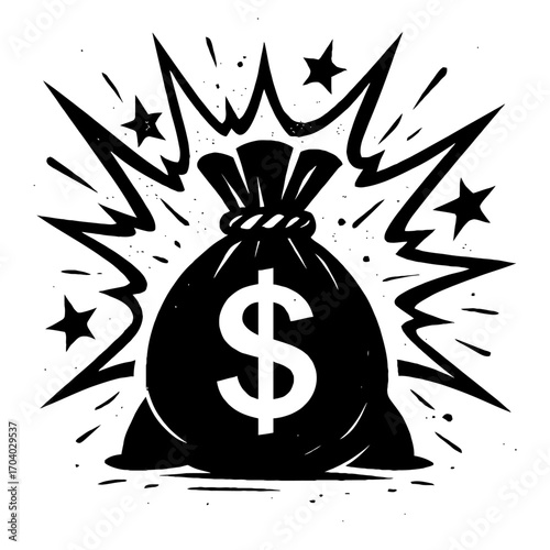 Explosive Black and White Money Bag with Dollar Sign and Stars - A Dynamic Vector Illustration of Financial Prosperity, Wealth, and Success - Perfect for Business, Finance, and Investment Themes.