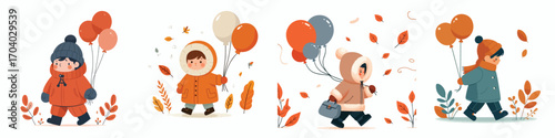 vector of a little boy holding a balloon in autumn