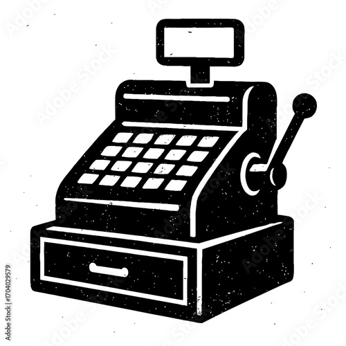 Vintage mechanical cash register icon. B&W distressed illustration of old-fashioned till with display, keypad, lever, and drawer. Essential for retro retail, historical business, finance, and classic