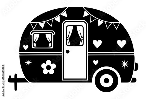 Retro Camper Trailer with Bunting and Hearts, Camper SVG, Travel SVG, Camping SVG, Vintage SVG