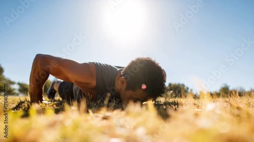 Push-Up Mastery: Capturing a moment of intense focus and determination, a person is seen performing push-ups amidst sun-kissed foliage, embodying the strength, perseverance.