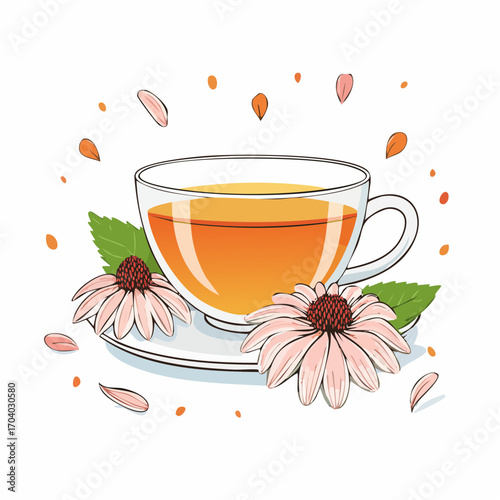 Calming cup of floral echinacea infusion, a warm healthy beverage for natural wellness and relaxation isolated on white