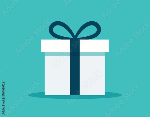 A simple white gift box with a dark blue ribbon tied in a bow, depicted in a flat design vector illustration style against a solid turquoise background