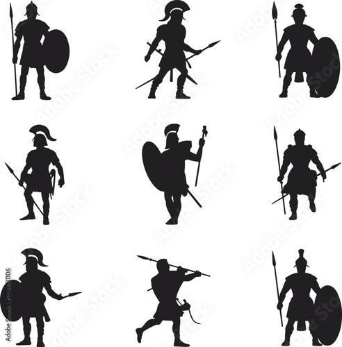 Ancient warrior silhouettes with spears and shields, Roman soldier, Greek hoplite, medieval fighter, historical battle poses, vector illustration set for design