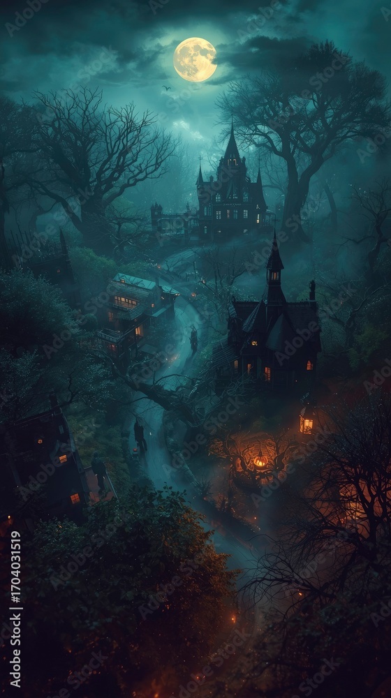 Obraz premium Enchanting Gothic Village Under a Full Moon A Dark Fantasy Landscape