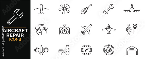 Aircraft service and repair icons – vector illustrations of aviation engineering tools, hangar, and airplanes