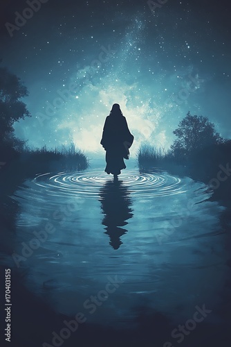 Mystical silhouette of a spiritual figure walking on water under a starry night sky