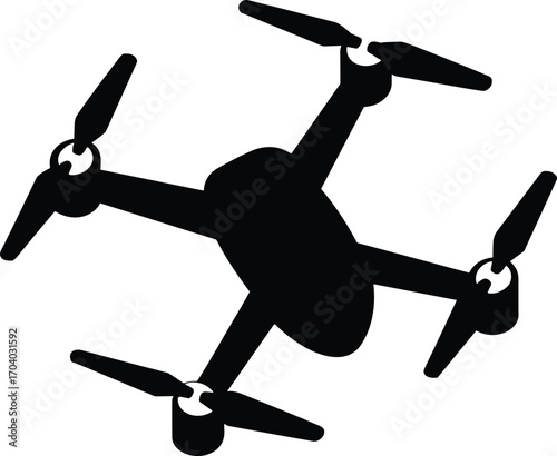Black silhouette vector illustration of modern drone quadcopter with four propellers, unmanned aerial vehicle technology design for surveillance, photography, delivery,