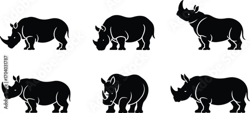Black silhouette vector illustration of rhinoceros animal set, wild safari mammal, strong horned wildlife creature, endangered species design for nature and conservation themes