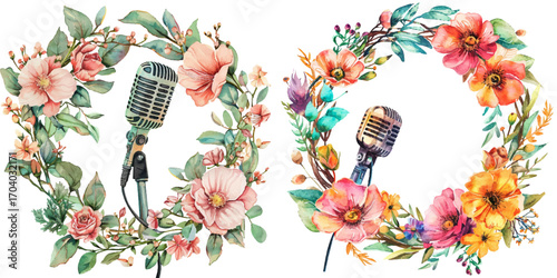 microphone with flowers wreath watercolor vector illustration