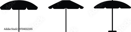 Collection of black beach umbrella silhouette vector icons, simple summer sunshade design, outdoor parasol shapes illustration, isolated graphic symbols for vacation decoration