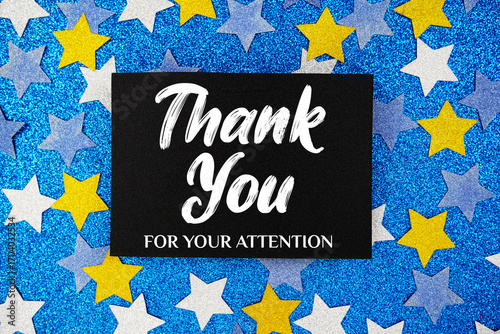 Obraz na plátně Thank You For Your Attention Card on Blue Glitter Star Background