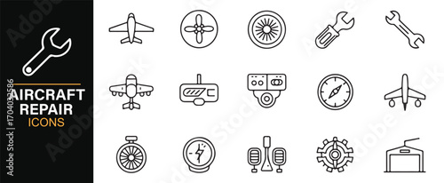Aircraft maintenance icons – vector pack of airplane, propeller, wrench, hangar, and cockpit instruments