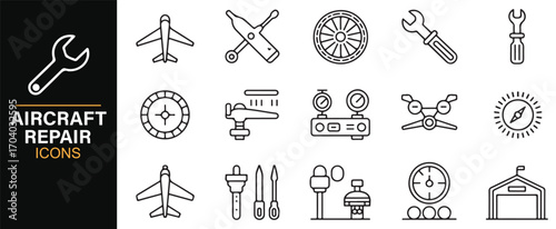 Editable aviation repair icons – outline vector collection of maintenance, service, and engineering tools