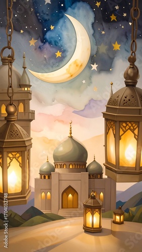 Night scene with mosque, lanterns, and crescent moon